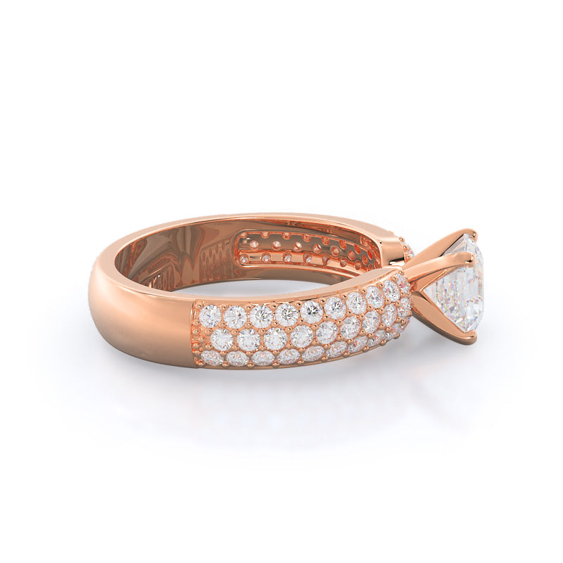 Three Row Diamond Engagement Ring with Asscher Cut Diamond in 14KT Rose Gold view 3
