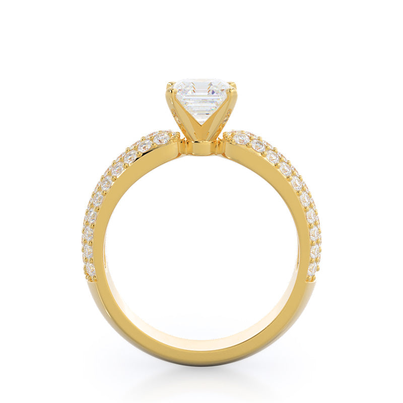 Three Row Diamond Engagement Ring with Asscher Cut Diamond in 14KT Yellow Gold view 2
