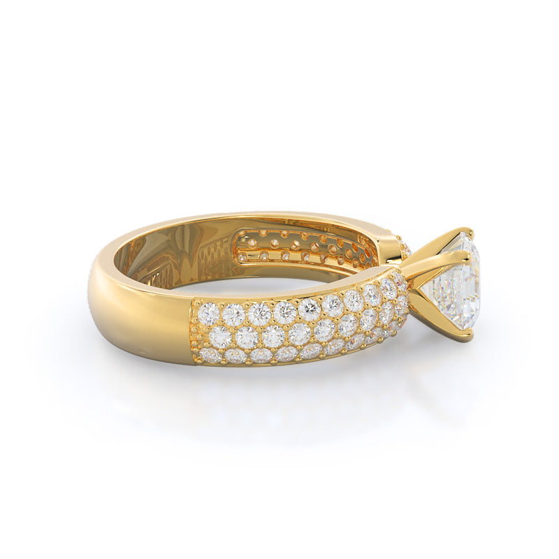 Three Row Diamond Engagement Ring with Asscher Cut Diamond in 14KT Yellow Gold view 3
