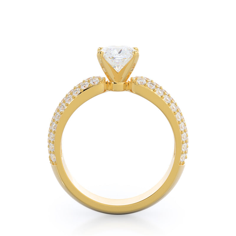 Three Row Diamond Engagement Ring with Cushion Cut Diamond in 14KT Yellow Gold view 2
