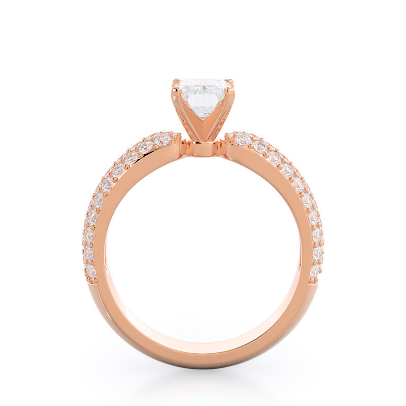 Three Row Diamond Engagement Ring with Emerald Cut Diamond in 14KT Rose Gold view 2
