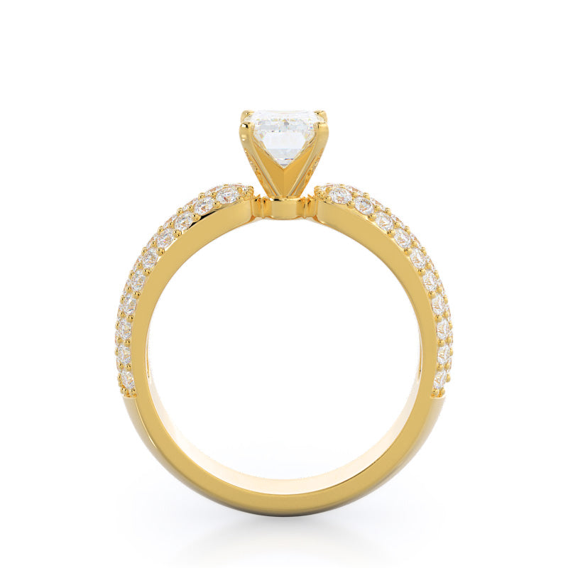 Three Row Diamond Engagement Ring with Emerald Cut Diamond in 14KT Yellow Gold view 2
