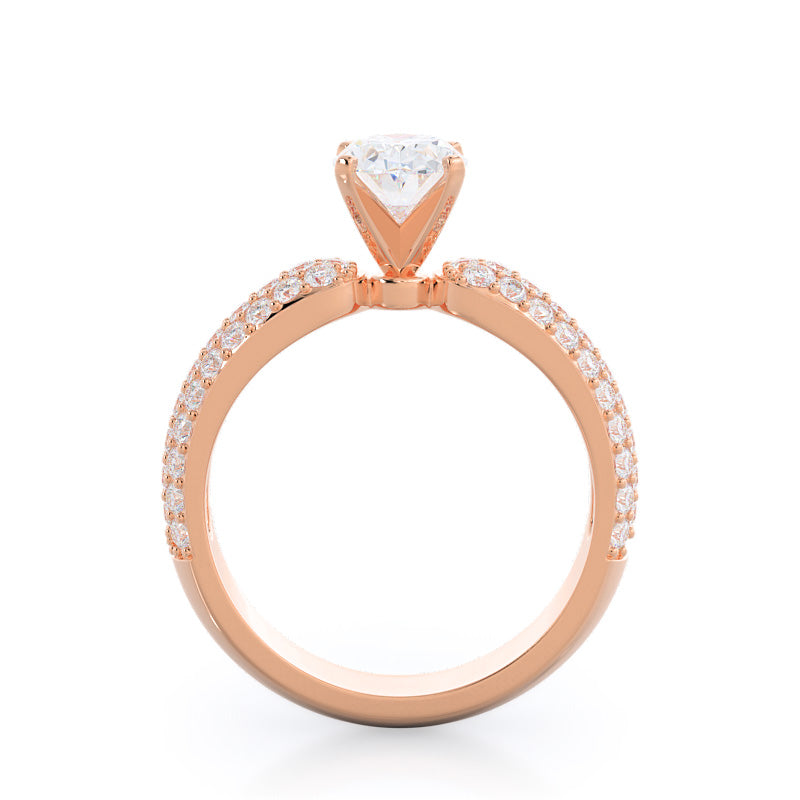 Three Row Diamond Engagement Ring with Oval Cut Diamond in 14KT Rose Gold view 2
