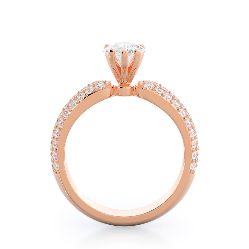 Three Row Diamond Engagement Ring with Pear Cut Diamond in 14KT Rose Gold view 2
