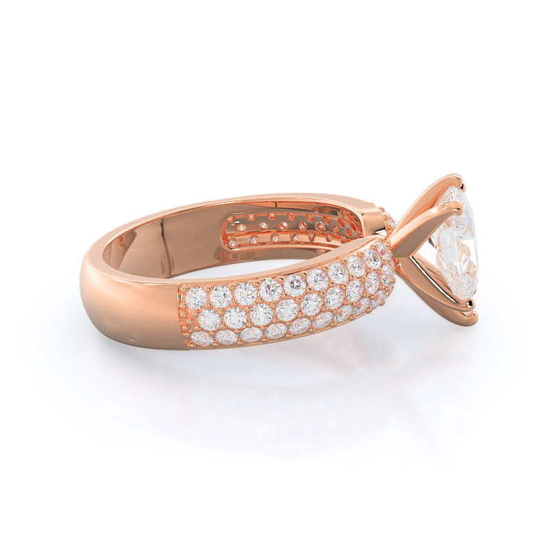 Three Row Diamond Engagement Ring with Pear Cut Diamond in 14KT Rose Gold view 3
