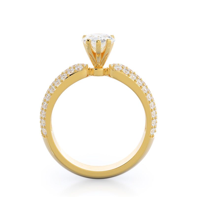 Three Row Diamond Engagement Ring with Pear Cut Diamond in 14KT Yellow Gold view 2
