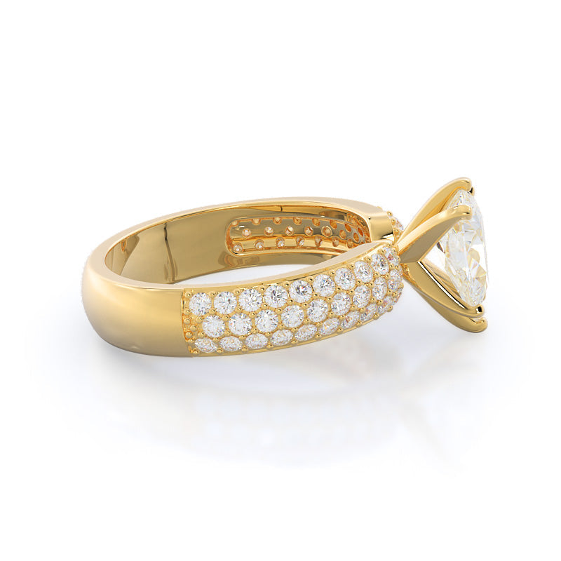 Three Row Diamond Engagement Ring with Pear Cut Diamond in 14KT Yellow Gold view 3
