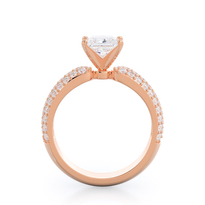 Three Row Diamond Engagement Ring with Princess Cut Diamond in 14KT Rose Gold view 2
