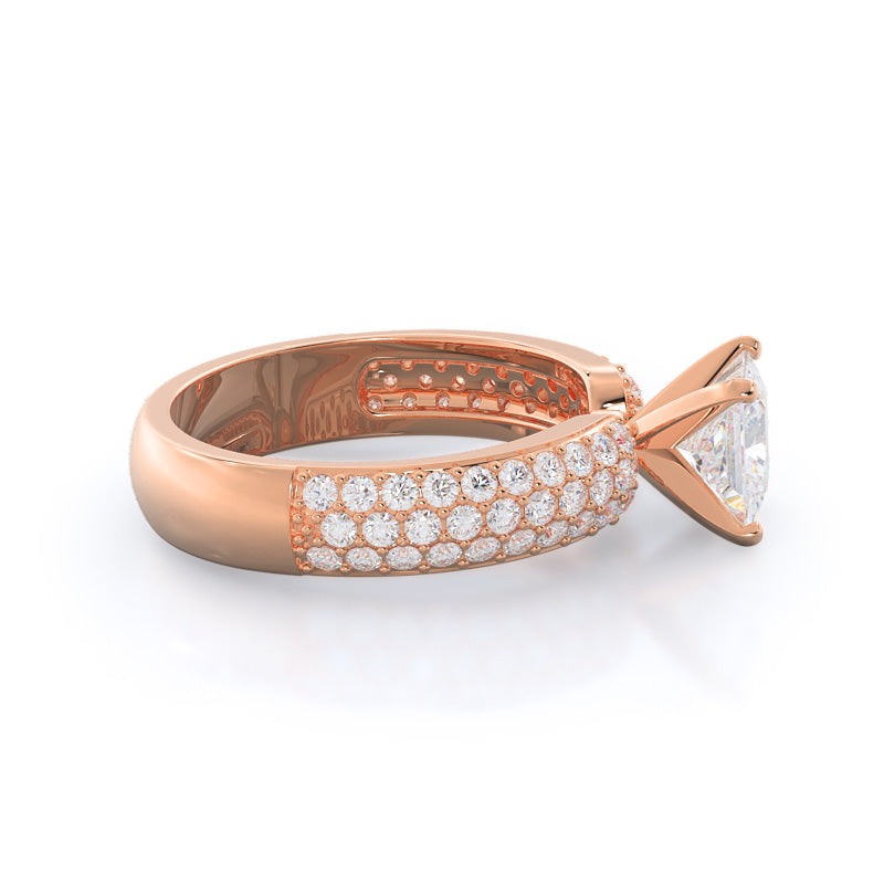 Three Row Diamond Engagement Ring with Princess Cut Diamond in 14KT Rose Gold view 3
