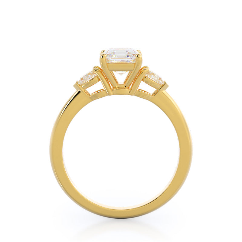 Three Stone Pear Engagement Ring with Asscher Cut Diamond in 14KT Yellow Gold view 2
