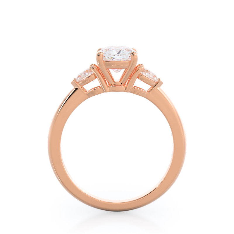 Three Stone Pear Engagement Ring with Cushion Cut Diamond in 14KT Rose Gold view 2
