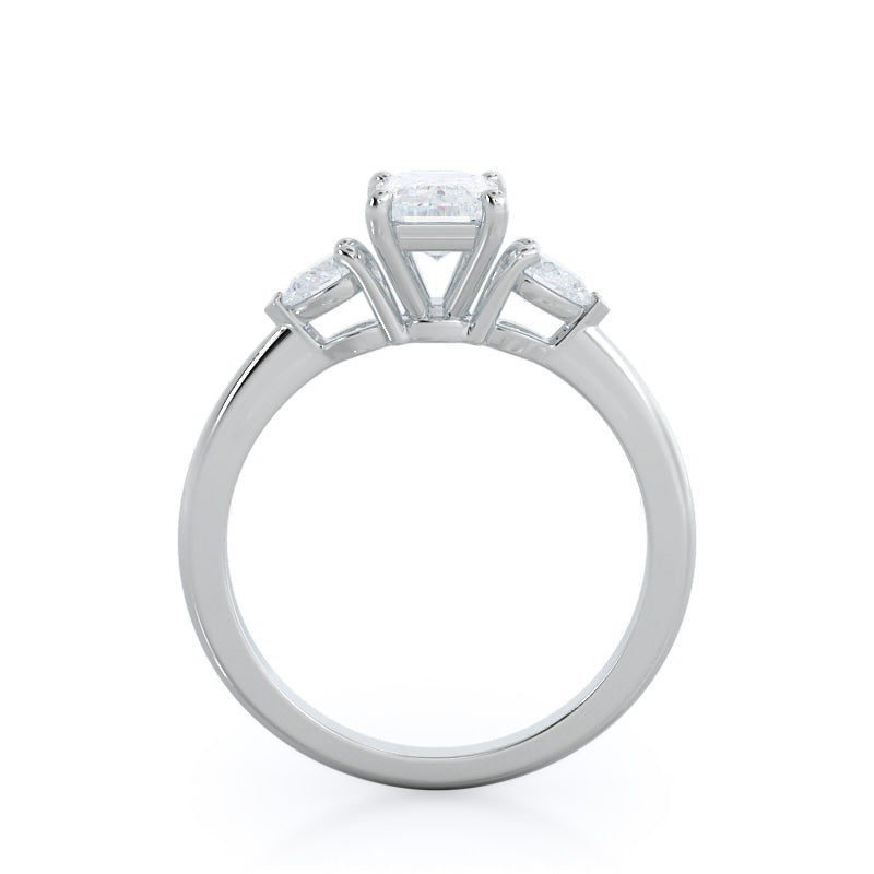 Three Stone Pear Engagement Ring with Emerald Cut Diamond in 14KT Platinum view 2
