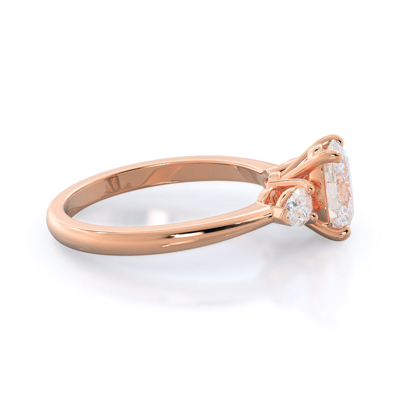 Three Stone Pear Engagement Ring with Oval Cut Diamond in 14KT Rose Gold view 3
