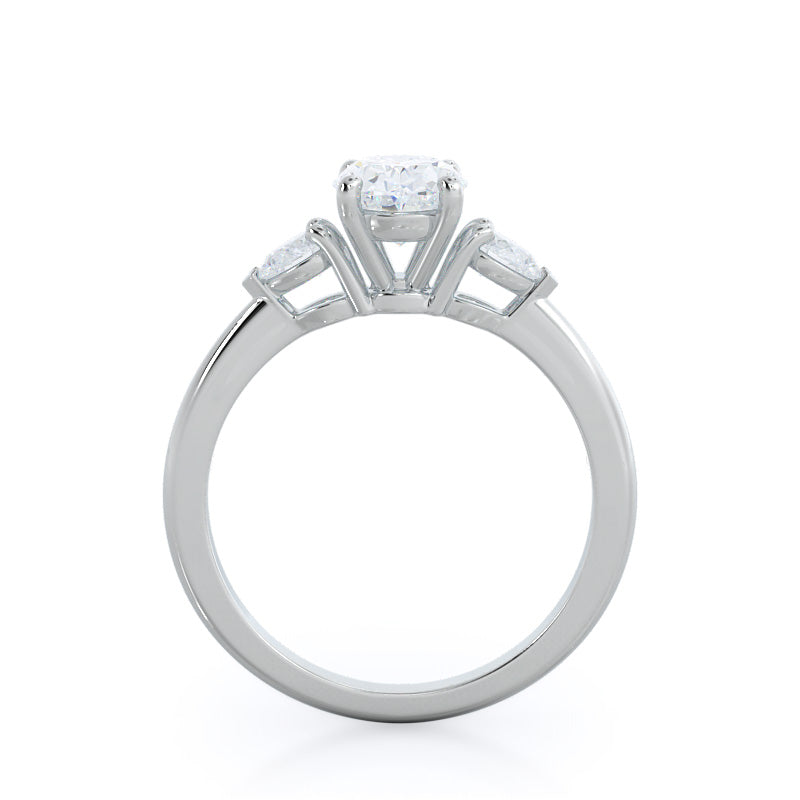 Three Stone Pear Engagement Ring with Oval Cut Diamond in 14KT Platinum view 2
