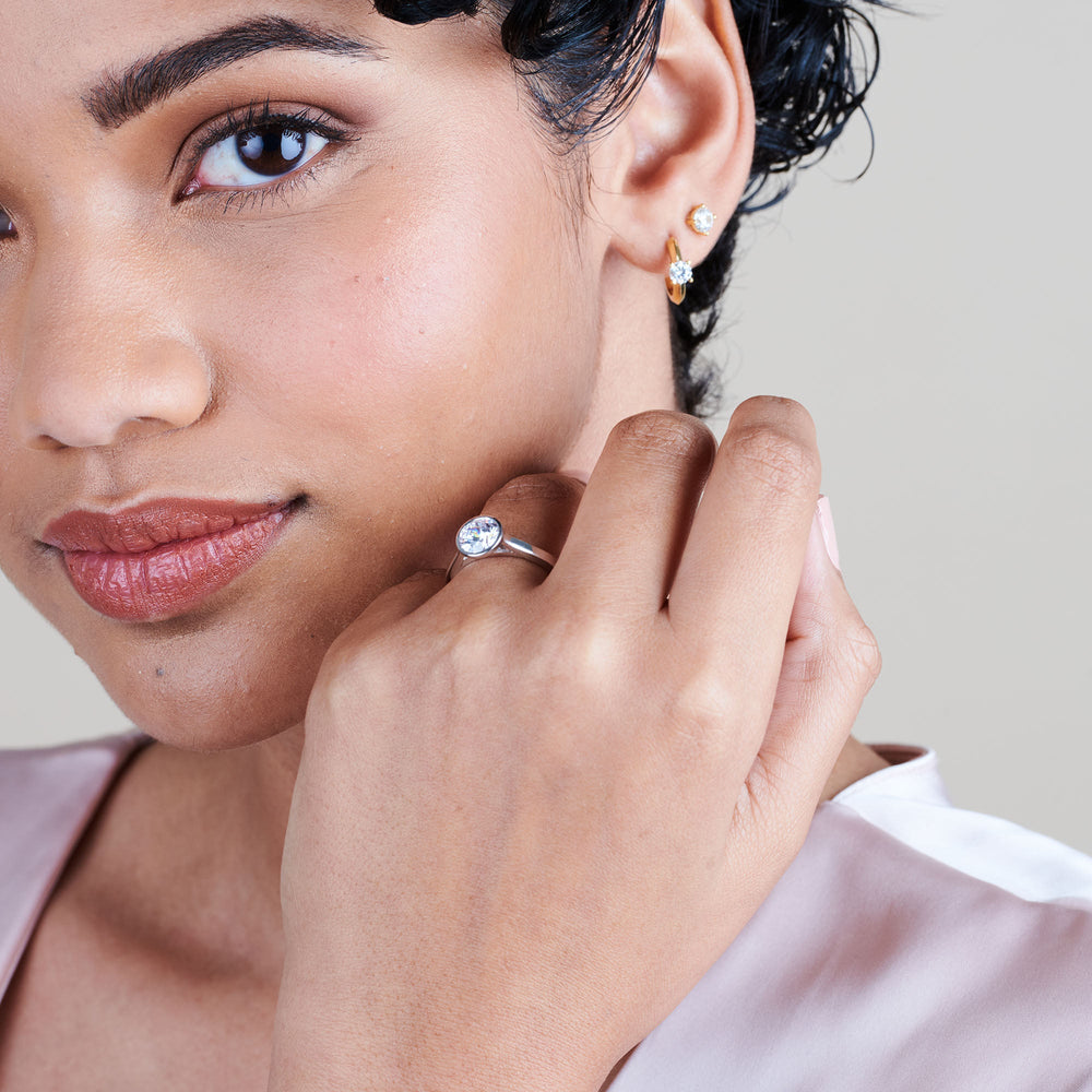 Model Wearing Bezel Solitaire Engagement Ring view