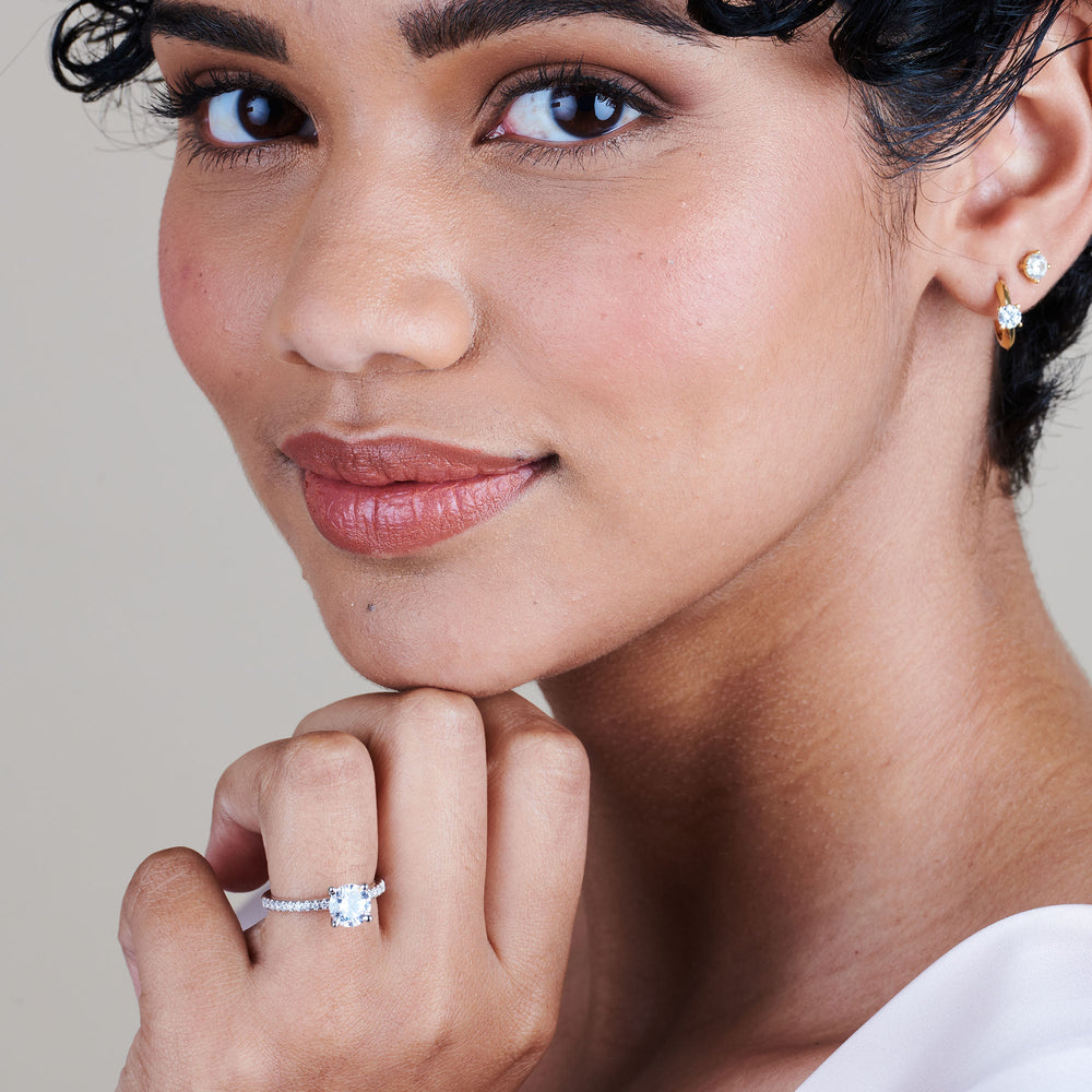Model Wearing Micro pave Diamond Engagement Ring view