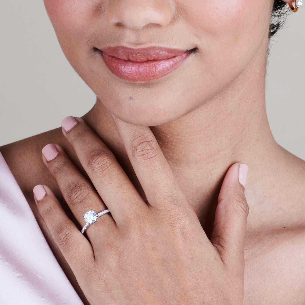 Model Wearing Micro pave Diamond Engagement Ring view