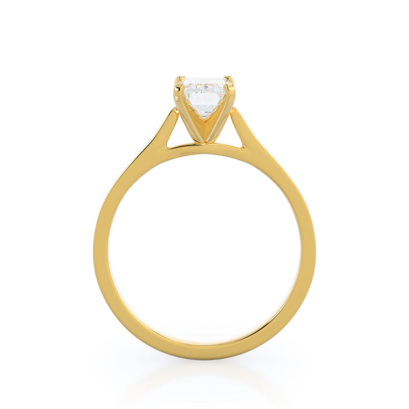 Sleek Cathedral Solitaire Engagement Ring with Emerald Cut Diamond in 14KT Yellow Gold view 2
