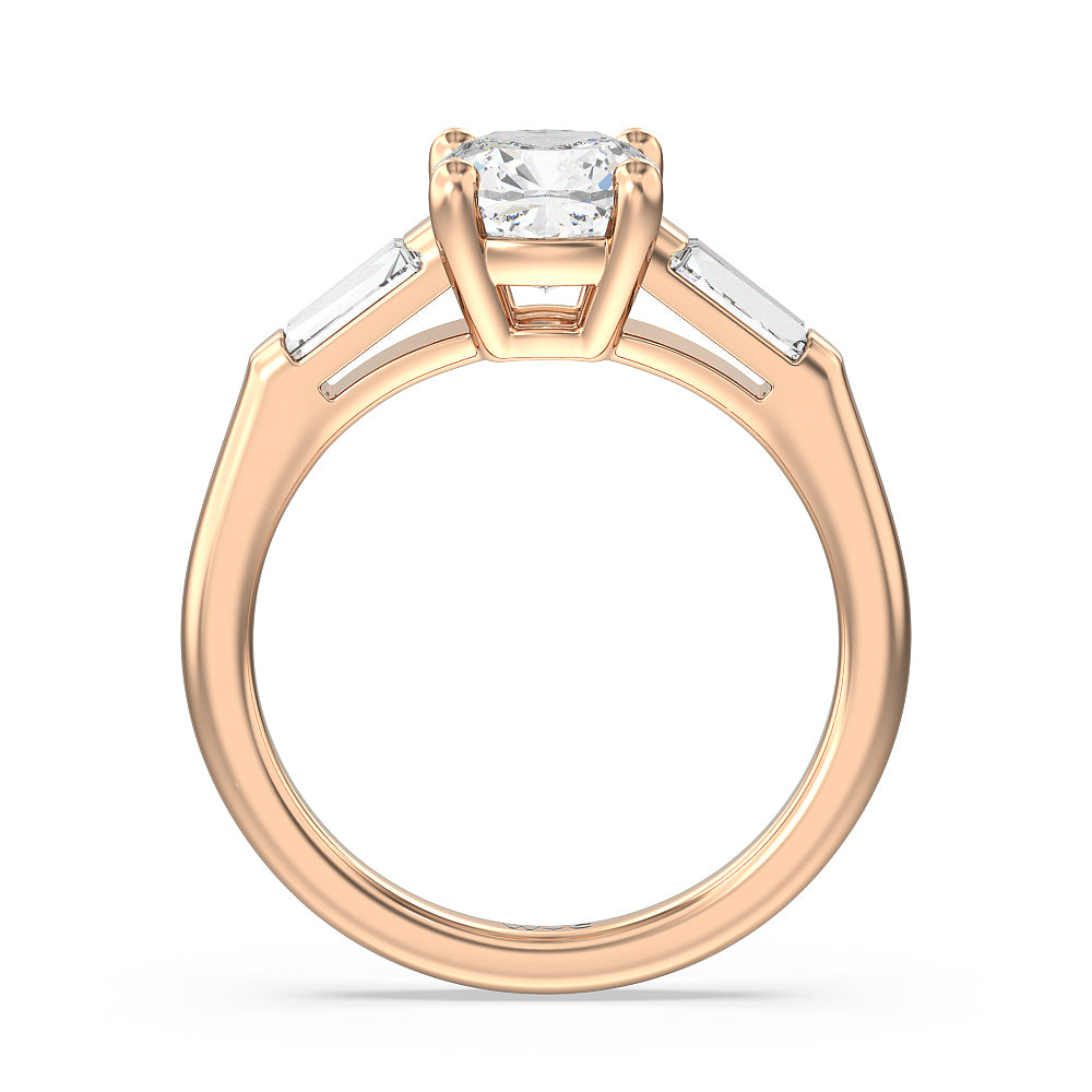 Traditional Three Baguette Engagement Ring with Cushion Cut Diamond in 14KT Rose Gold view 2
