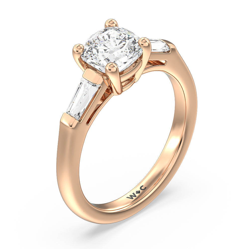 Traditional Three Baguette Engagement Ring with Cushion Cut Diamond in 14KT Rose Gold view 3
