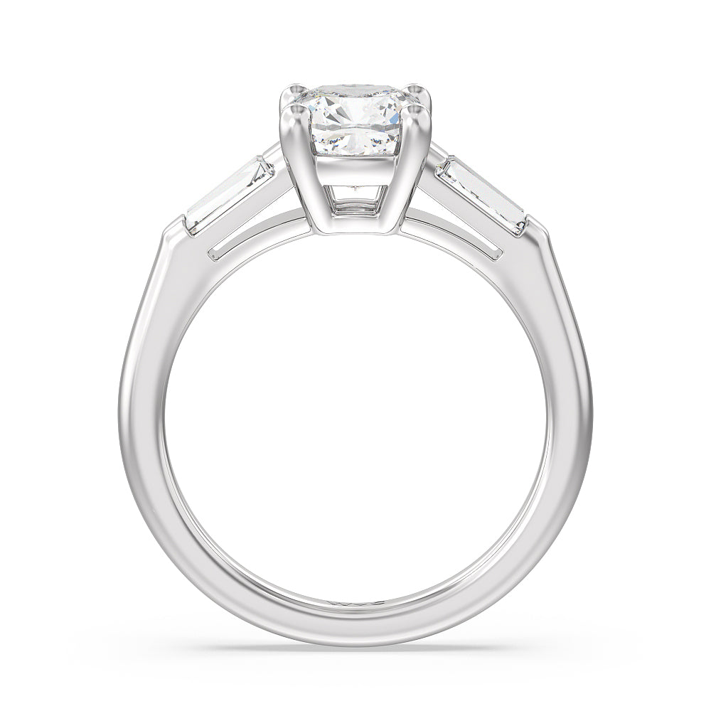 Traditional Three Baguette Engagement Ring with Cushion Cut Diamond in 14KT Platinum view 2
