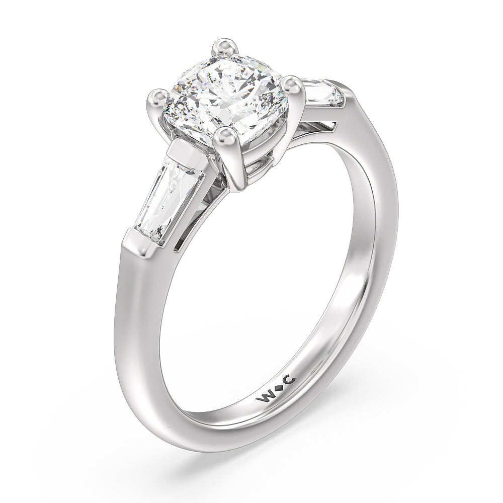 Traditional Three Baguette Engagement Ring with Cushion Cut Diamond in 14KT Platinum view 3

