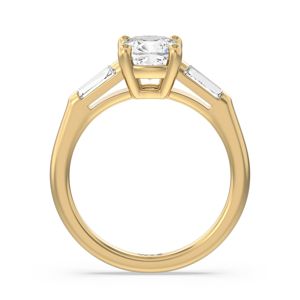 Traditional Three Baguette Engagement Ring with Cushion Cut Diamond in 14KT Yellow Gold view 2

