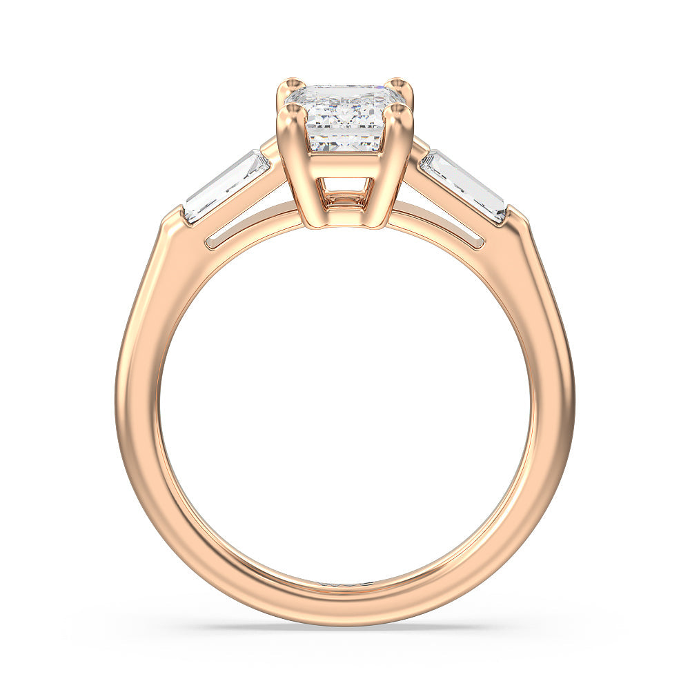 Traditional Three Baguette Engagement Ring with Emerald Cut Diamond in 14KT Rose Gold view 2

