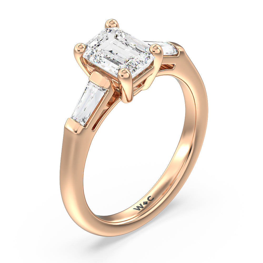 Traditional Three Baguette Engagement Ring with Emerald Cut Diamond in 14KT Rose Gold view 3
