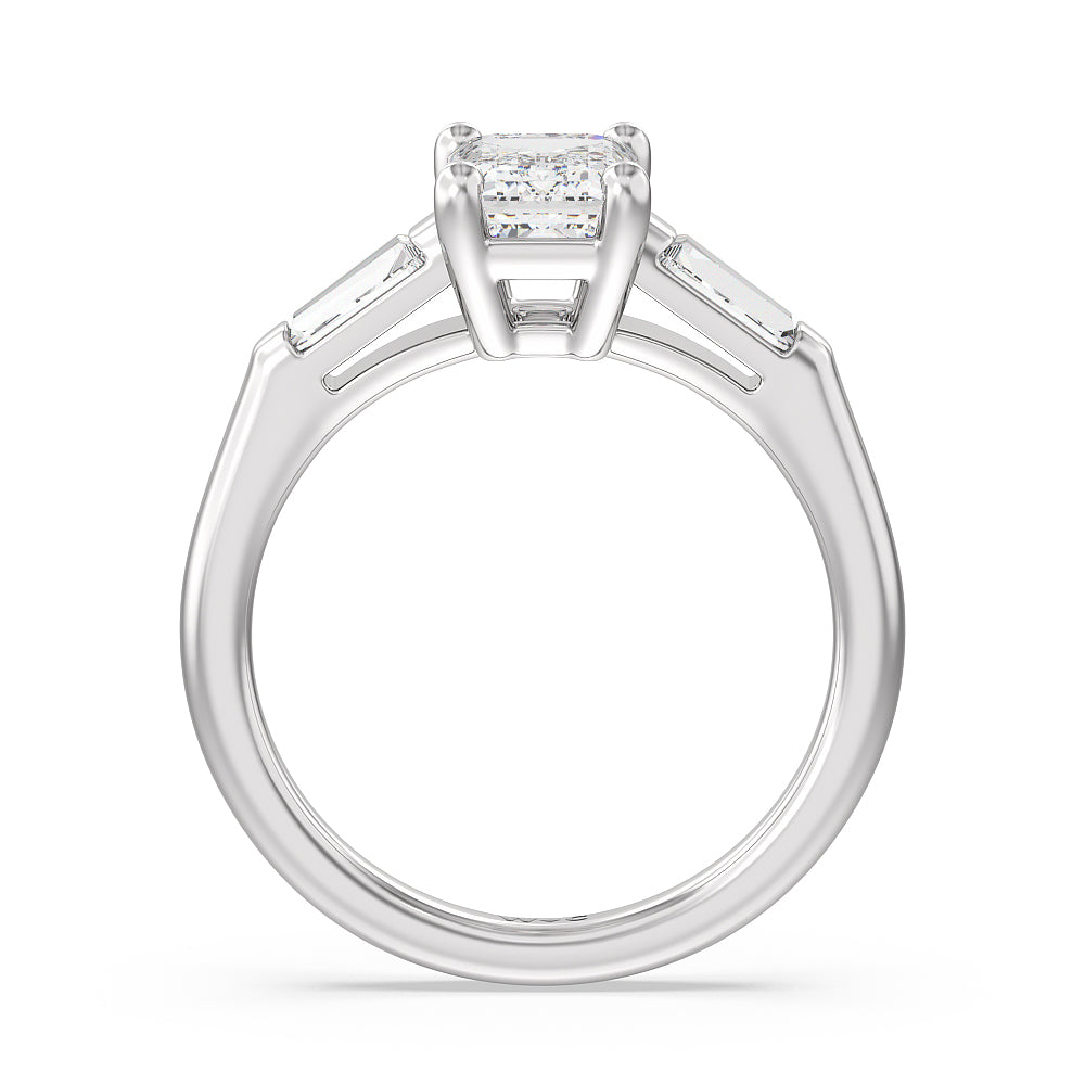 Traditional Three Baguette Engagement Ring with Emerald Cut Diamond in 14KT Platinum view 2
