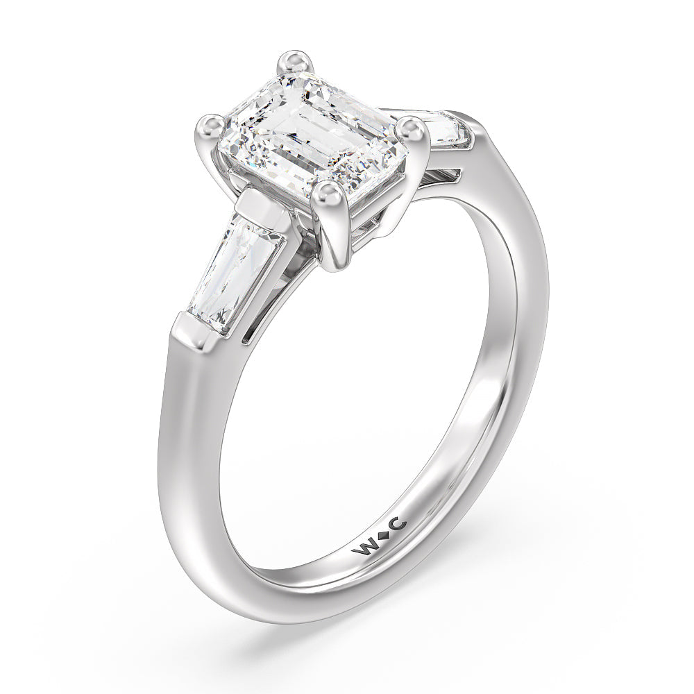 Traditional Three Baguette Engagement Ring with Emerald Cut Diamond in 14KT Platinum view 3
