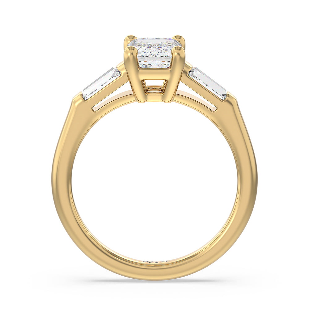 Traditional Three Baguette Engagement Ring with Emerald Cut Diamond in 14KT Yellow Gold view 2
