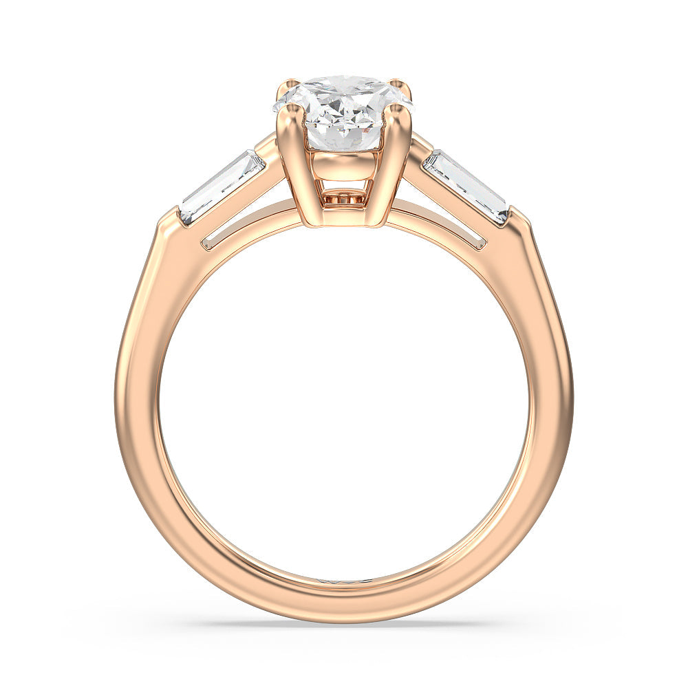 Traditional Three Baguette Engagement Ring with Oval Cut Diamond in 14KT Rose Gold view 2
