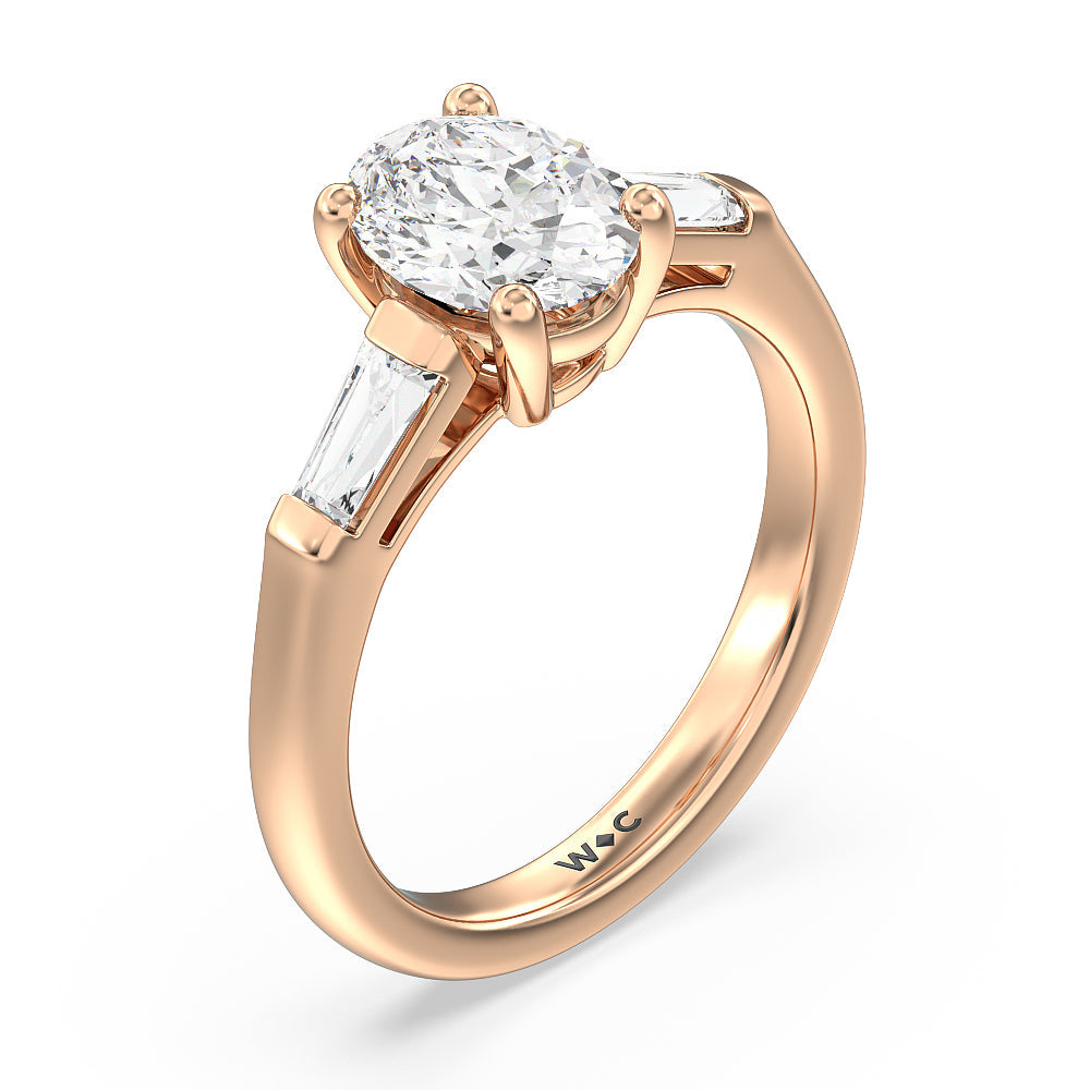 Traditional Three Baguette Engagement Ring with Oval Cut Diamond in 14KT Rose Gold view 3

