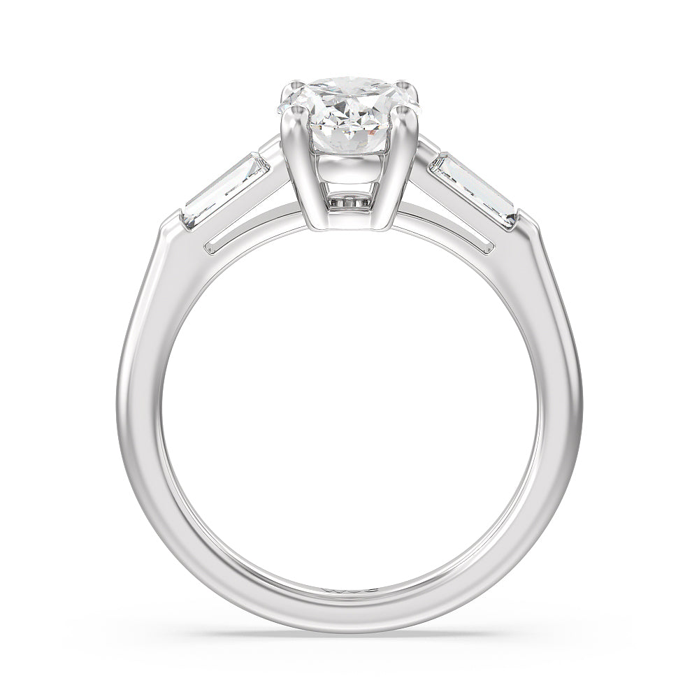 Traditional Three Baguette Engagement Ring with Oval Cut Diamond in 14KT Platinum view 2
