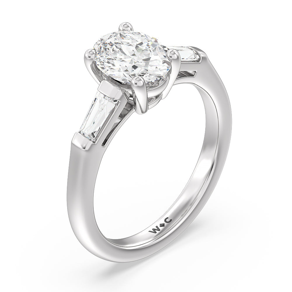 Traditional Three Baguette Engagement Ring with Oval Cut Diamond in 14KT Platinum view 3
