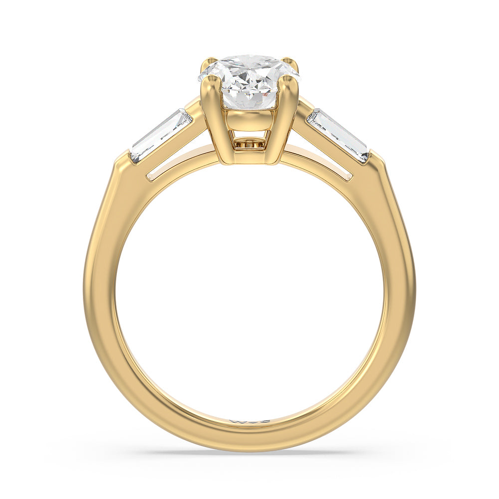 Traditional Three Baguette Engagement Ring with Oval Cut Diamond in 14KT Yellow Gold view 2
