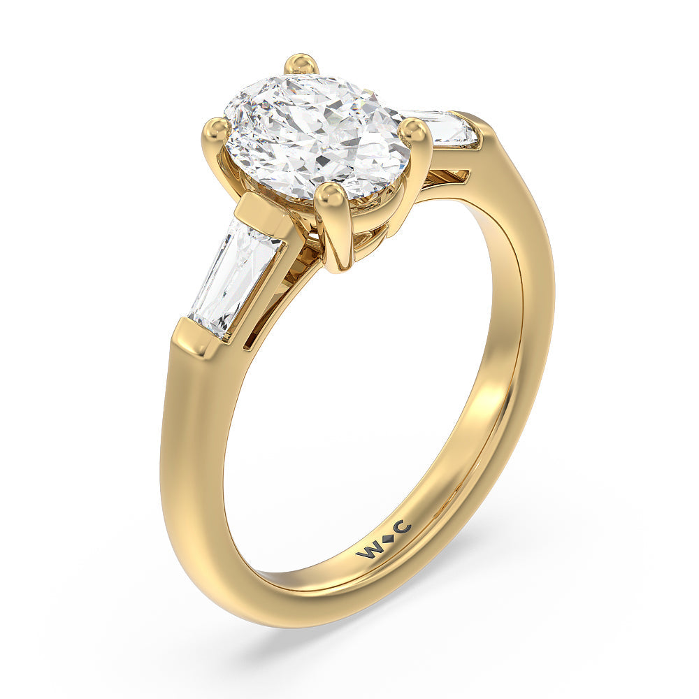 Traditional Three Baguette Engagement Ring with Oval Cut Diamond in 14KT Yellow Gold view 3
