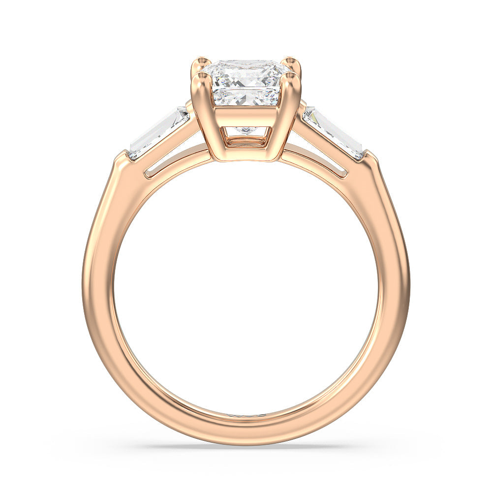 Traditional Three Baguette Engagement Ring with Princess Cut Diamond in 14KT Rose Gold view 2

