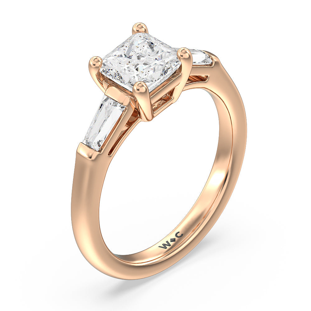 Traditional Three Baguette Engagement Ring with Princess Cut Diamond in 14KT Rose Gold view 3
