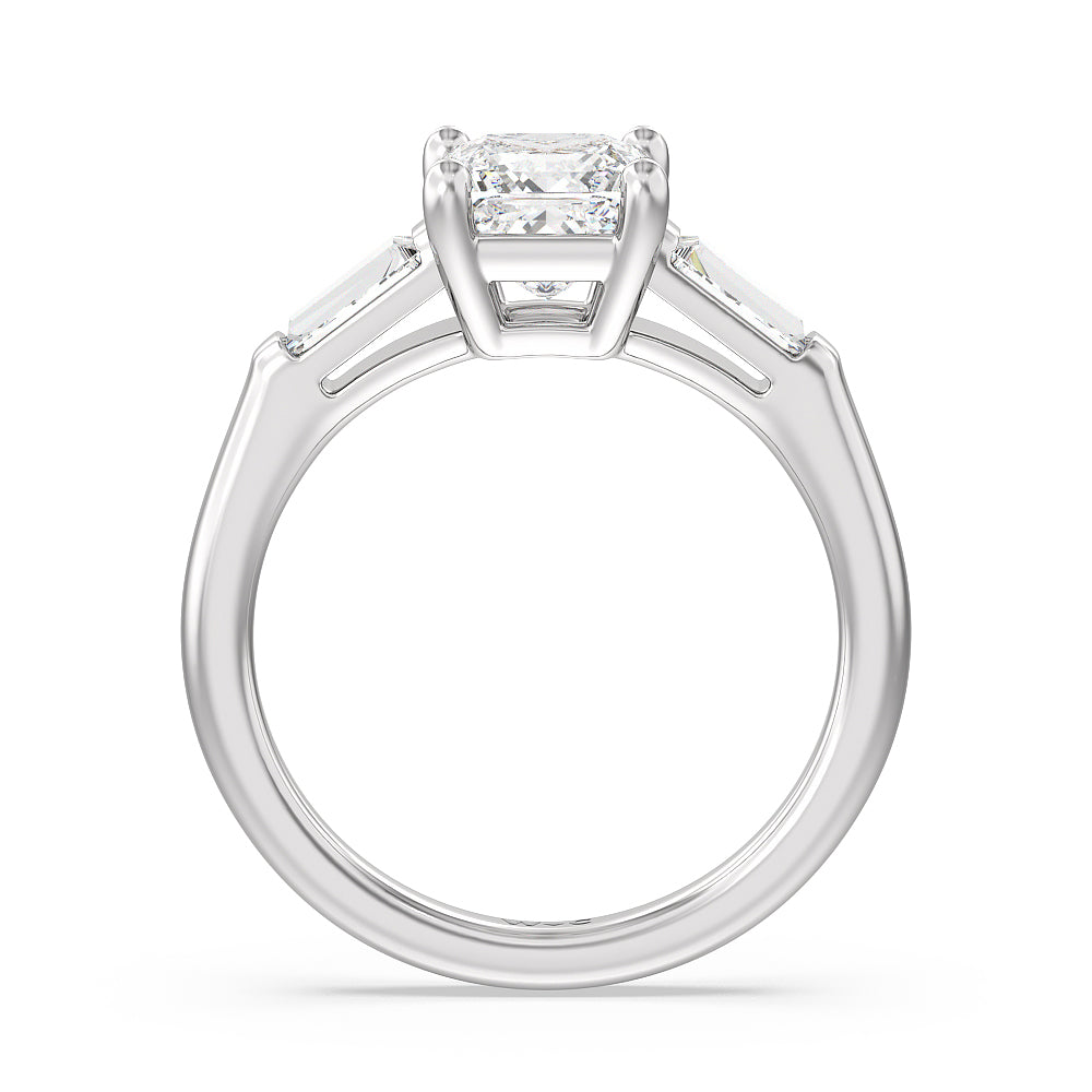Traditional Three Baguette Engagement Ring with Princess Cut Diamond in 14KT Platinum view 2

