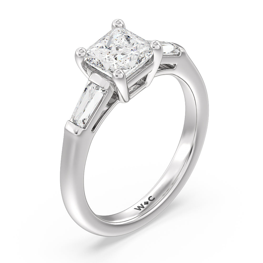 Traditional Three Baguette Engagement Ring with Princess Cut Diamond in 14KT Platinum view 3
