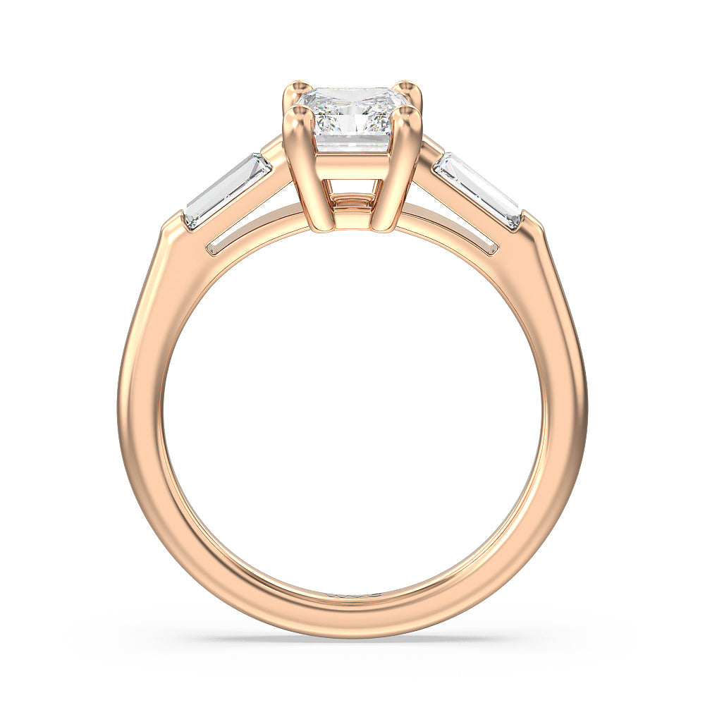 Traditional Three Baguette Engagement Ring with Radiant Cut Diamond in 14KT Rose Gold view 2
