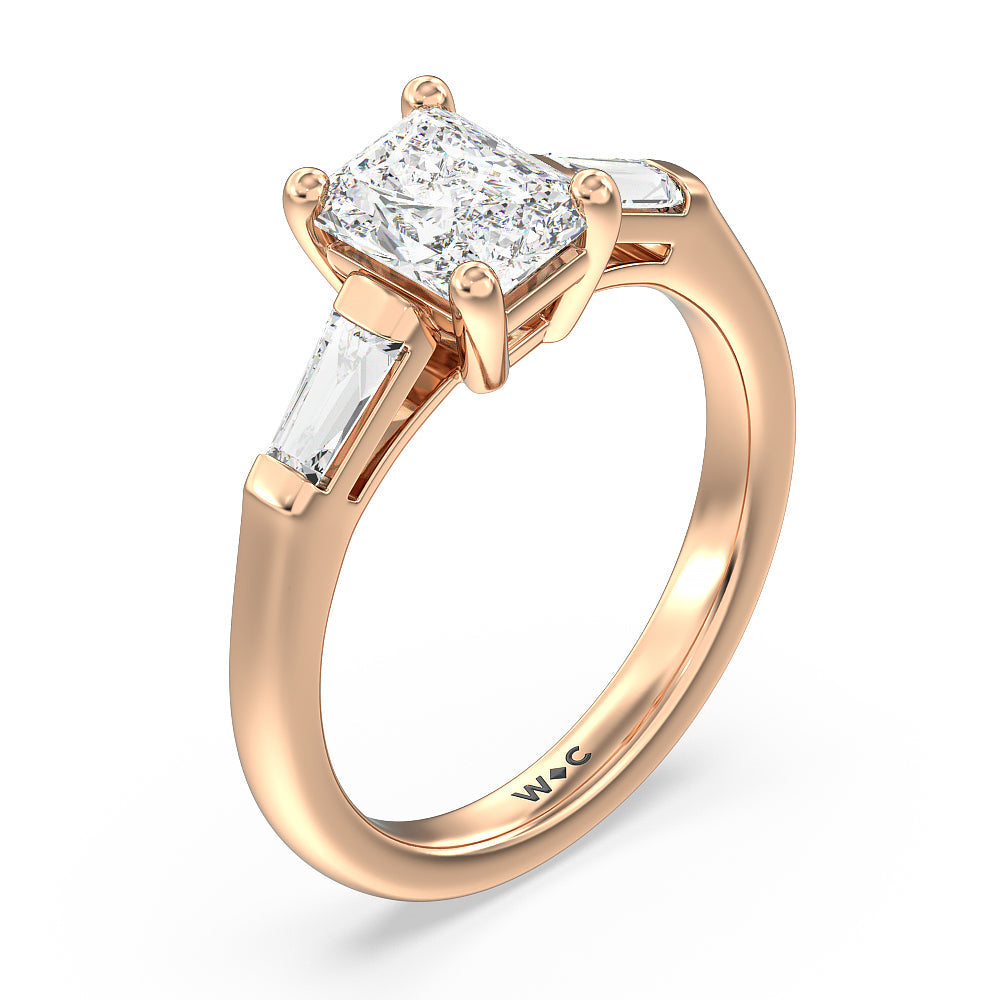 Traditional Three Baguette Engagement Ring with Radiant Cut Diamond in 14KT Rose Gold view 3
