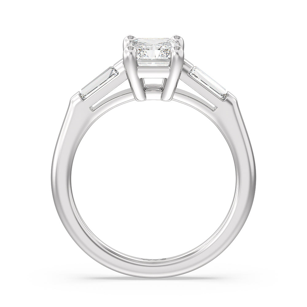Traditional Three Baguette Engagement Ring with Radiant Cut Diamond in 14KT Platinum view 2
