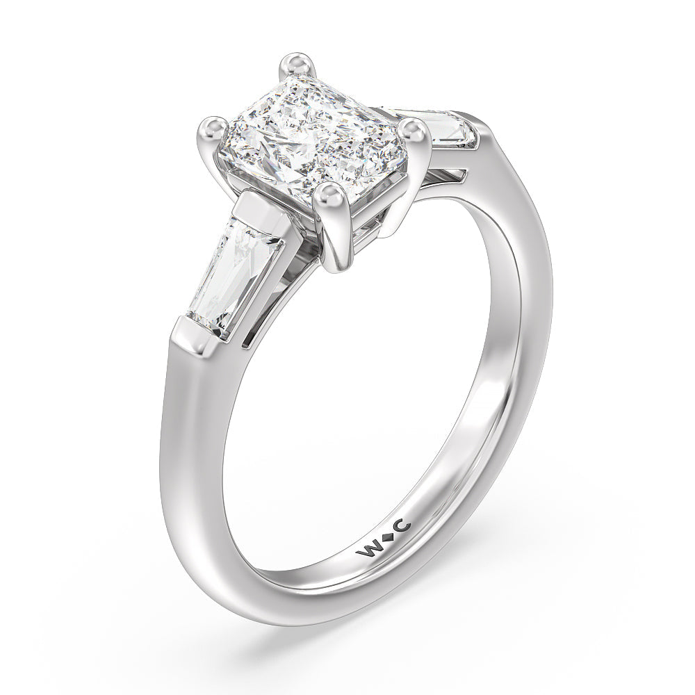 Traditional Three Baguette Engagement Ring with Radiant Cut Diamond in 14KT Platinum view 3
