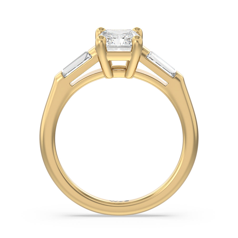 Traditional Three Baguette Engagement Ring with Radiant Cut Diamond in 14KT Yellow Gold view 2
