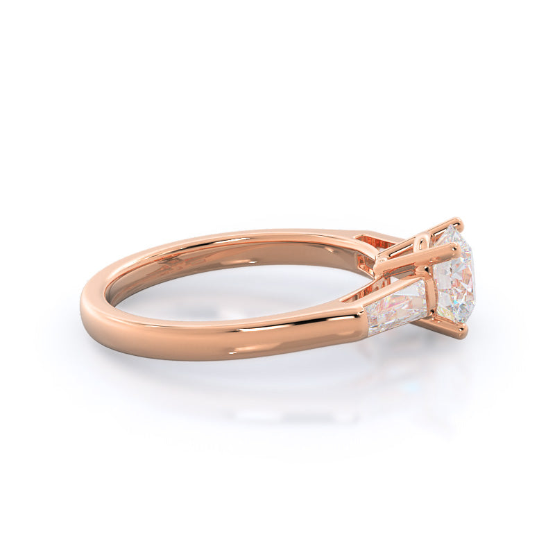 Traditional Three Baguette Engagement Ring with Round Cut Diamond in 14KT Rose Gold view 2
