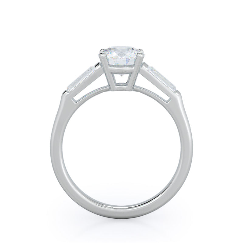 Traditional Three Baguette Engagement Ring with Round Cut Diamond in 14KT Platinum view 2
