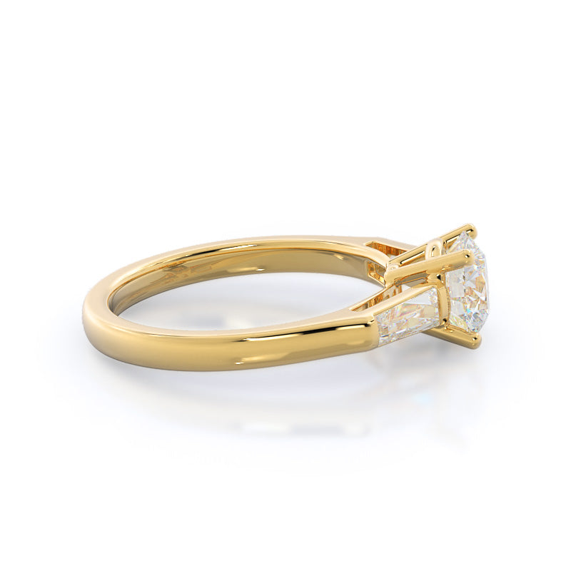 Traditional Three Baguette Engagement Ring with Round Cut Diamond in 14KT Yellow Gold view 2
